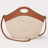 2026 Luxury Raffia Splice Leather Large Capacity Tote Bag Woven Straw PU Handle Handbag Summer Beach Bag Vacation Shoulder Bag