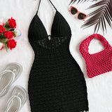 Women's White Crochet Halter Neck Sleeveless Dress