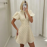 Vintage Sexy Deep V Puff Sleeve Button Ribbed Mini Dress High Waist Cinched Waist A Line Flared Dresses Sweet Casual Date Women