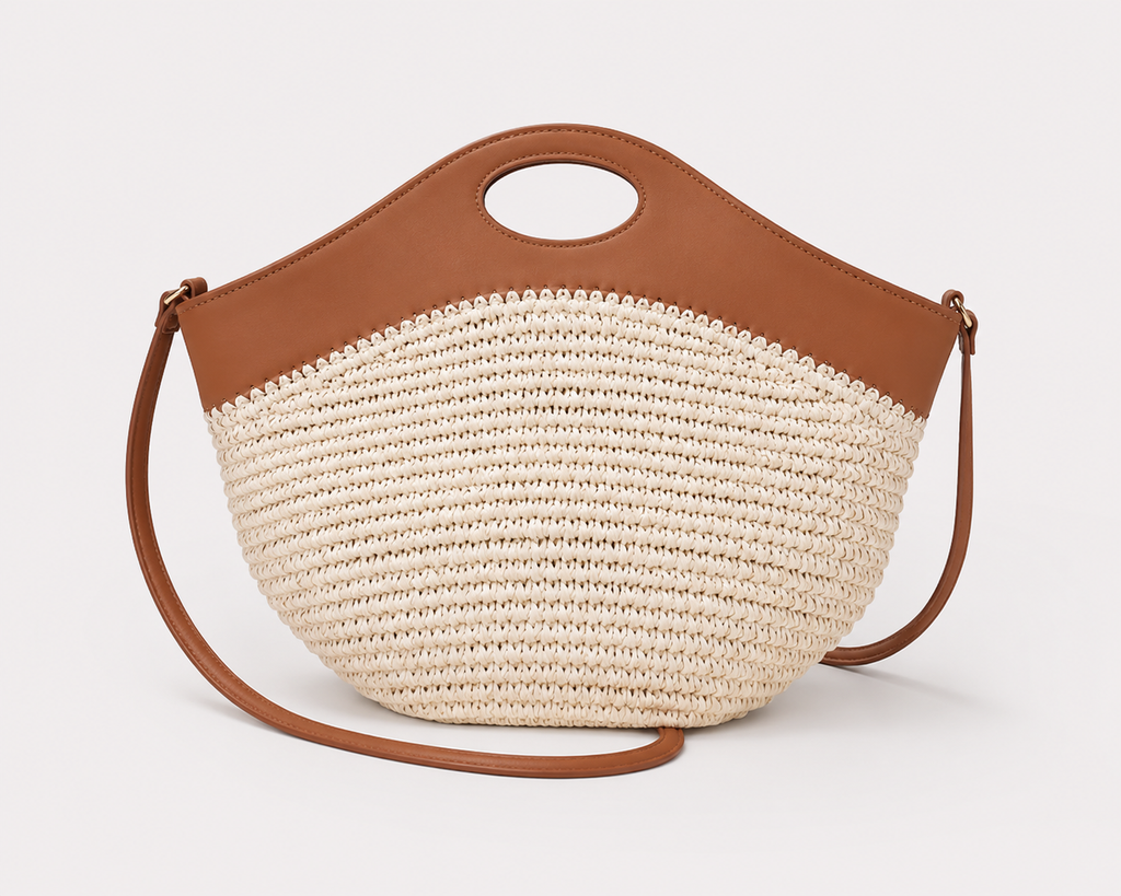 2026 Luxury Raffia Splice Leather Large Capacity Tote Bag Woven Straw PU Handle Handbag Summer Beach Bag Vacation Shoulder Bag