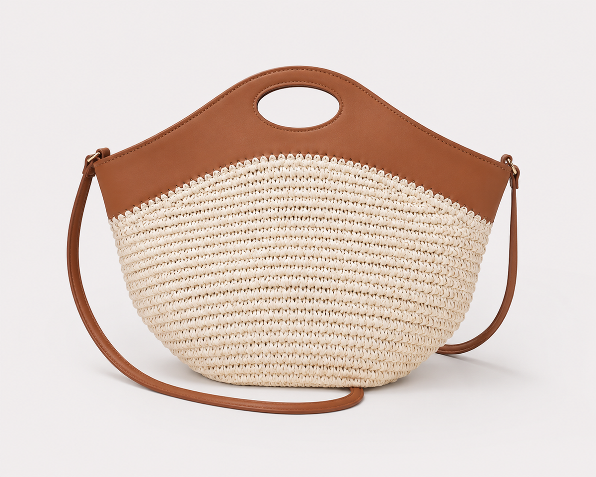2026 Luxury Raffia Splice Leather Large Capacity Tote Bag Woven Straw PU Handle Handbag Summer Beach Bag Vacation Shoulder Bag
