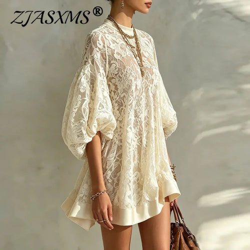 Boho Floral Lace Loose Mini Dress Women O Neck Bubble Sleeve Solid Trim Ruffle Hem Sheer Dress Sexy Beach Daily Vacation Dresses