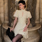 Vintage Sexy Deep V Puff Sleeve Button Ribbed Mini Dress High Waist Cinched Waist A Line Flared Dresses Sweet Casual Date Women
