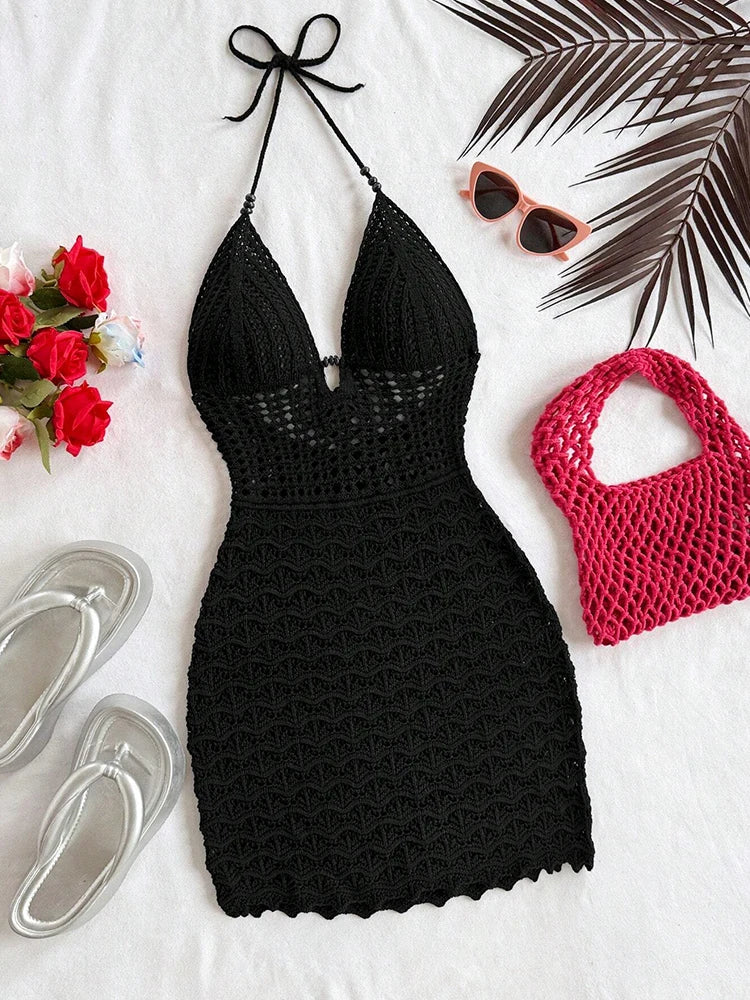 Women's White Crochet Halter Neck Sleeveless Dress