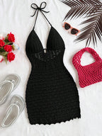Women's White Crochet Halter Neck Sleeveless Dress