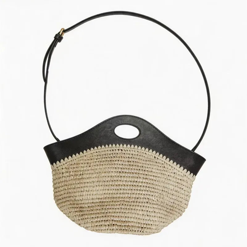 2026 Luxury Raffia Splice Leather Large Capacity Tote Bag Woven Straw PU Handle Handbag Summer Beach Bag Vacation Shoulder Bag