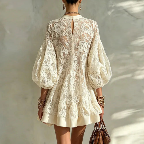 Boho Floral Lace Loose Mini Dress Women O Neck Bubble Sleeve Solid Trim Ruffle Hem Sheer Dress Sexy Beach Daily Vacation Dresses