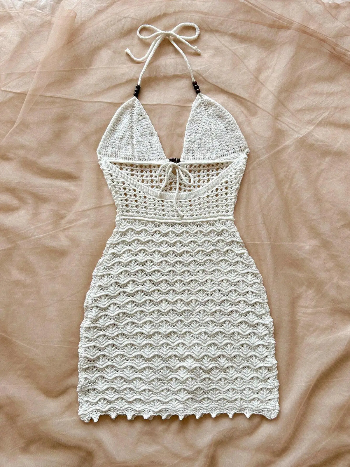 Women's White Crochet Halter Neck Sleeveless Dress