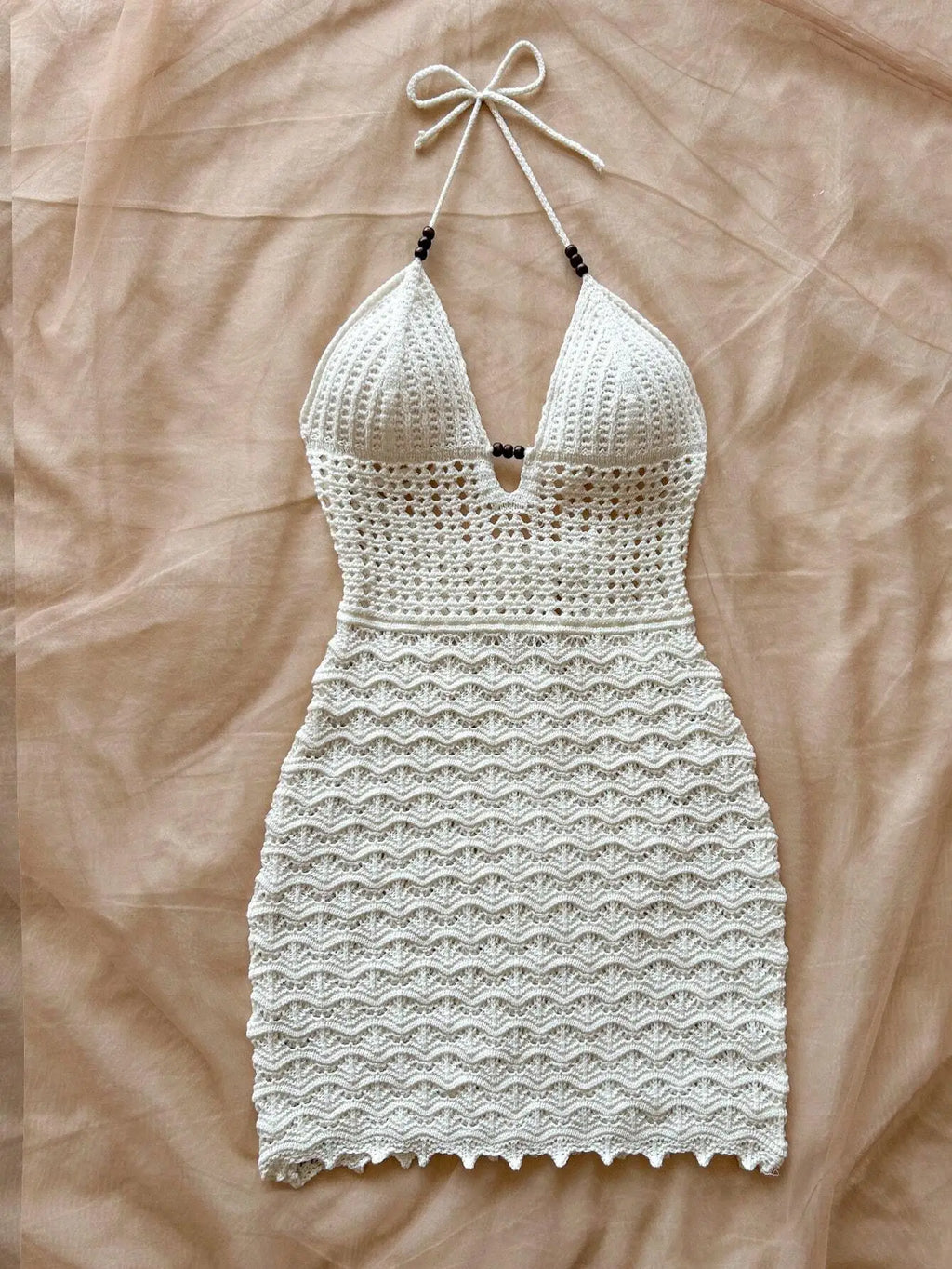 Women's White Crochet Halter Neck Sleeveless Dress