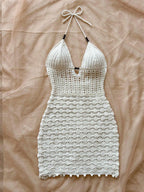 Women's White Crochet Halter Neck Sleeveless Dress