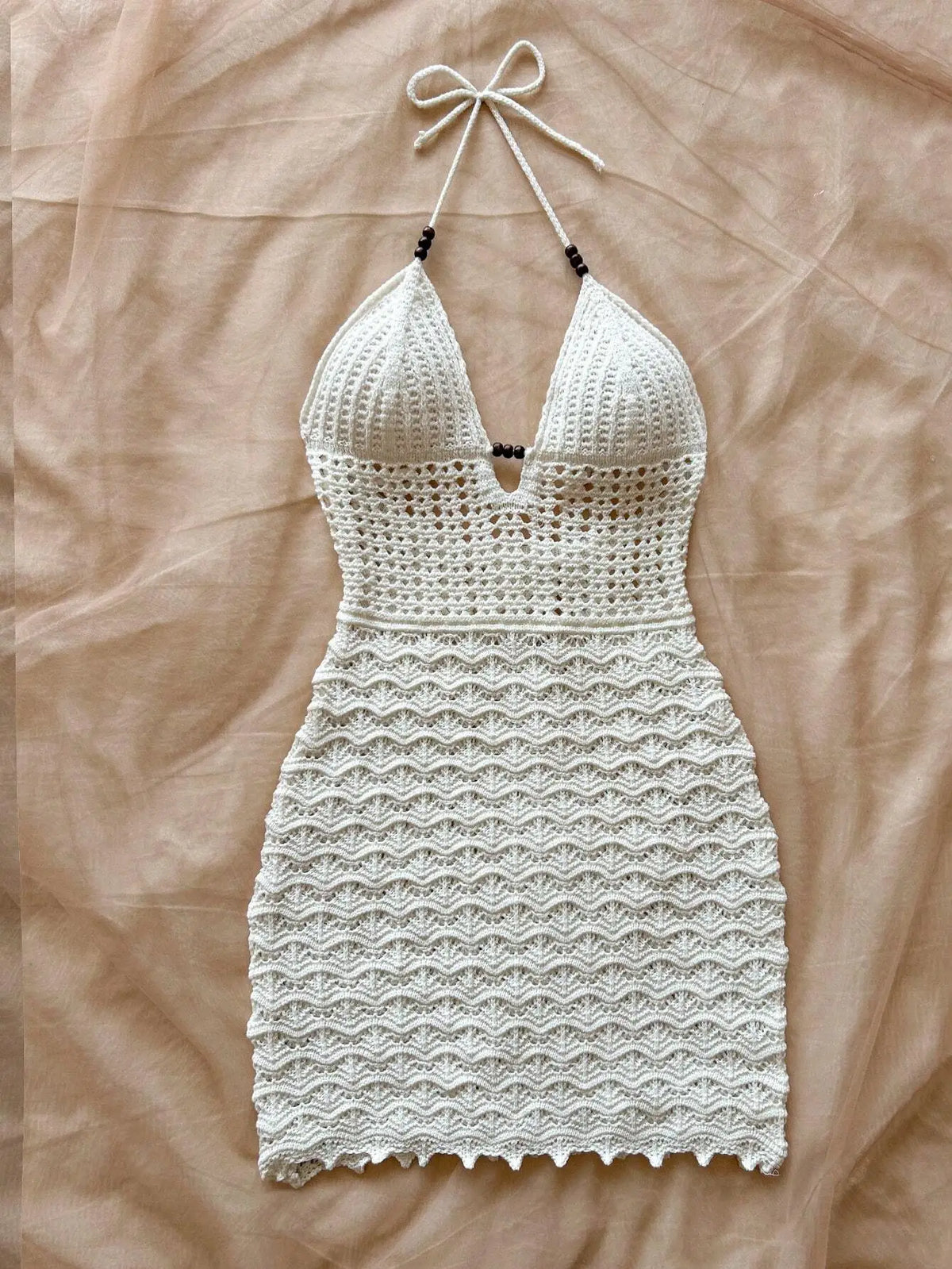 Women's White Crochet Halter Neck Sleeveless Dress