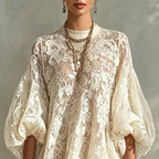 Boho Floral Lace Loose Mini Dress Women O Neck Bubble Sleeve Solid Trim Ruffle Hem Sheer Dress Sexy Beach Daily Vacation Dresses