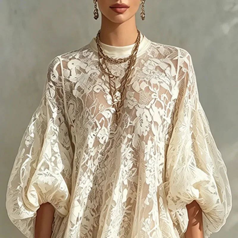 Boho Floral Lace Loose Mini Dress Women O Neck Bubble Sleeve Solid Trim Ruffle Hem Sheer Dress Sexy Beach Daily Vacation Dresses
