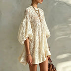 Boho Floral Lace Loose Mini Dress Women O Neck Bubble Sleeve Solid Trim Ruffle Hem Sheer Dress Sexy Beach Daily Vacation Dresses