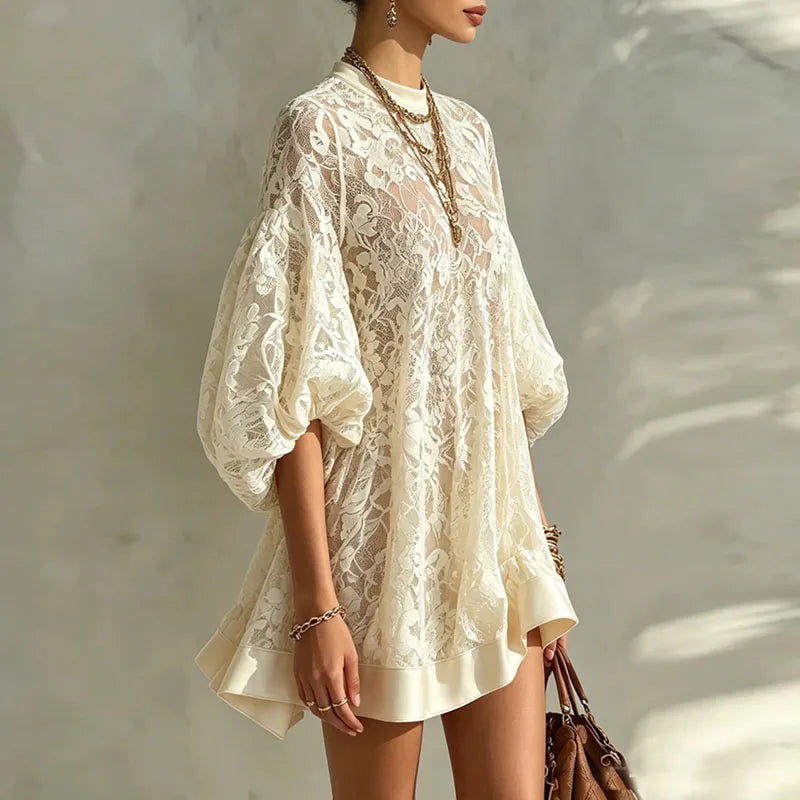 Boho Floral Lace Loose Mini Dress Women O Neck Bubble Sleeve Solid Trim Ruffle Hem Sheer Dress Sexy Beach Daily Vacation Dresses