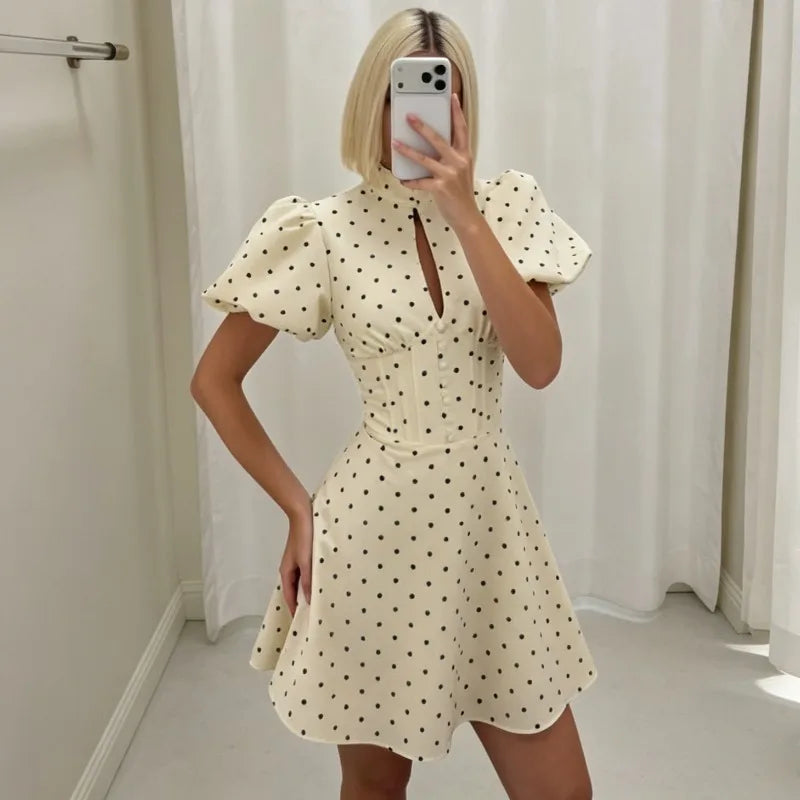 Vintage Sexy Deep V Puff Sleeve Button Ribbed Mini Dress High Waist Cinched Waist A Line Flared Dresses Sweet Casual Date Women