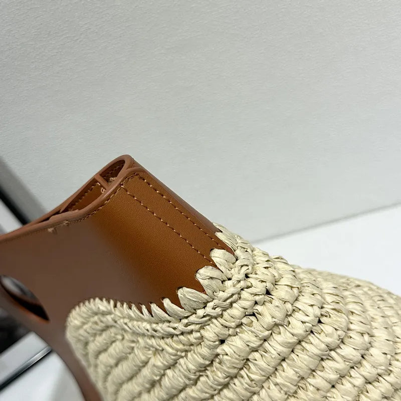 2026 Luxury Raffia Splice Leather Large Capacity Tote Bag Woven Straw PU Handle Handbag Summer Beach Bag Vacation Shoulder Bag