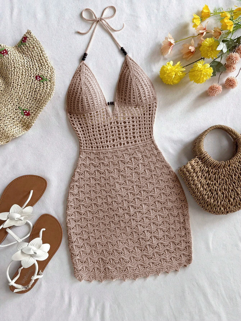 Women's White Crochet Halter Neck Sleeveless Dress