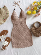 Women's White Crochet Halter Neck Sleeveless Dress
