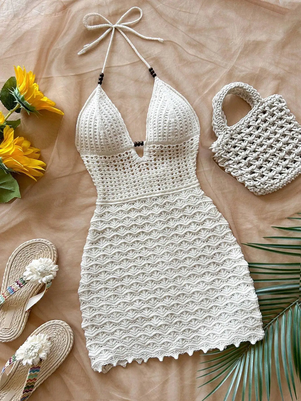 Women's White Crochet Halter Neck Sleeveless Dress