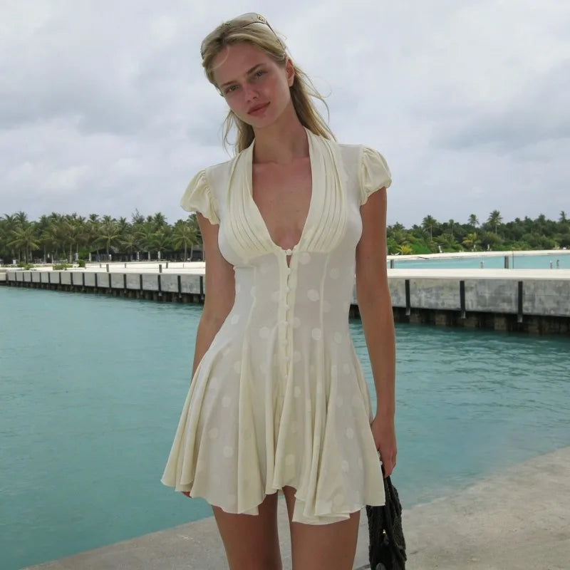 Vintage Sexy Deep V Puff Sleeve Button Ribbed Mini Dress High Waist Cinched Waist A Line Flared Dresses Sweet Casual Date Women