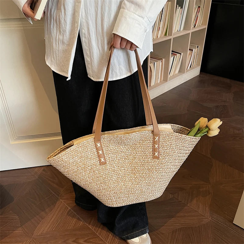 Raffia Tote Bags For Women Straw Crochet Bucket Shoulder Bags Large Capacity Shopper Totes 2026 Summer Latest Designer Handbags