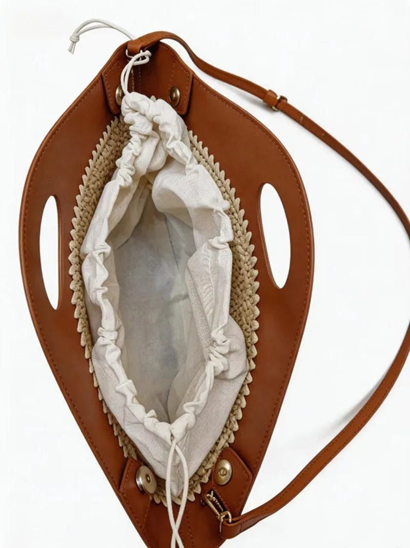 2026 Luxury Raffia Splice Leather Large Capacity Tote Bag Woven Straw PU Handle Handbag Summer Beach Bag Vacation Shoulder Bag