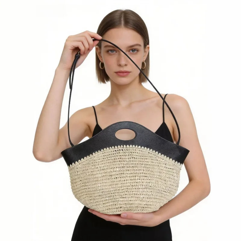 2026 Luxury Raffia Splice Leather Large Capacity Tote Bag Woven Straw PU Handle Handbag Summer Beach Bag Vacation Shoulder Bag