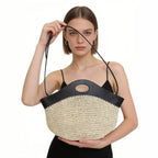 2026 Luxury Raffia Splice Leather Large Capacity Tote Bag Woven Straw PU Handle Handbag Summer Beach Bag Vacation Shoulder Bag