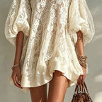 Boho Floral Lace Loose Mini Dress Women O Neck Bubble Sleeve Solid Trim Ruffle Hem Sheer Dress Sexy Beach Daily Vacation Dresses