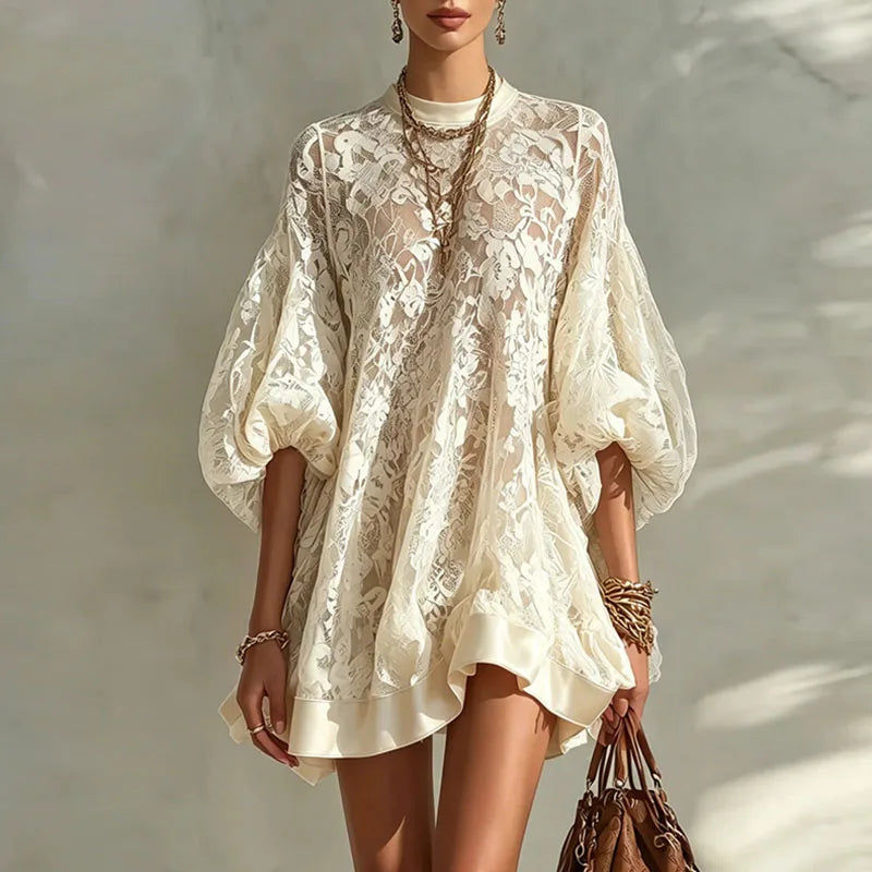 Boho Floral Lace Loose Mini Dress Women O Neck Bubble Sleeve Solid Trim Ruffle Hem Sheer Dress Sexy Beach Daily Vacation Dresses
